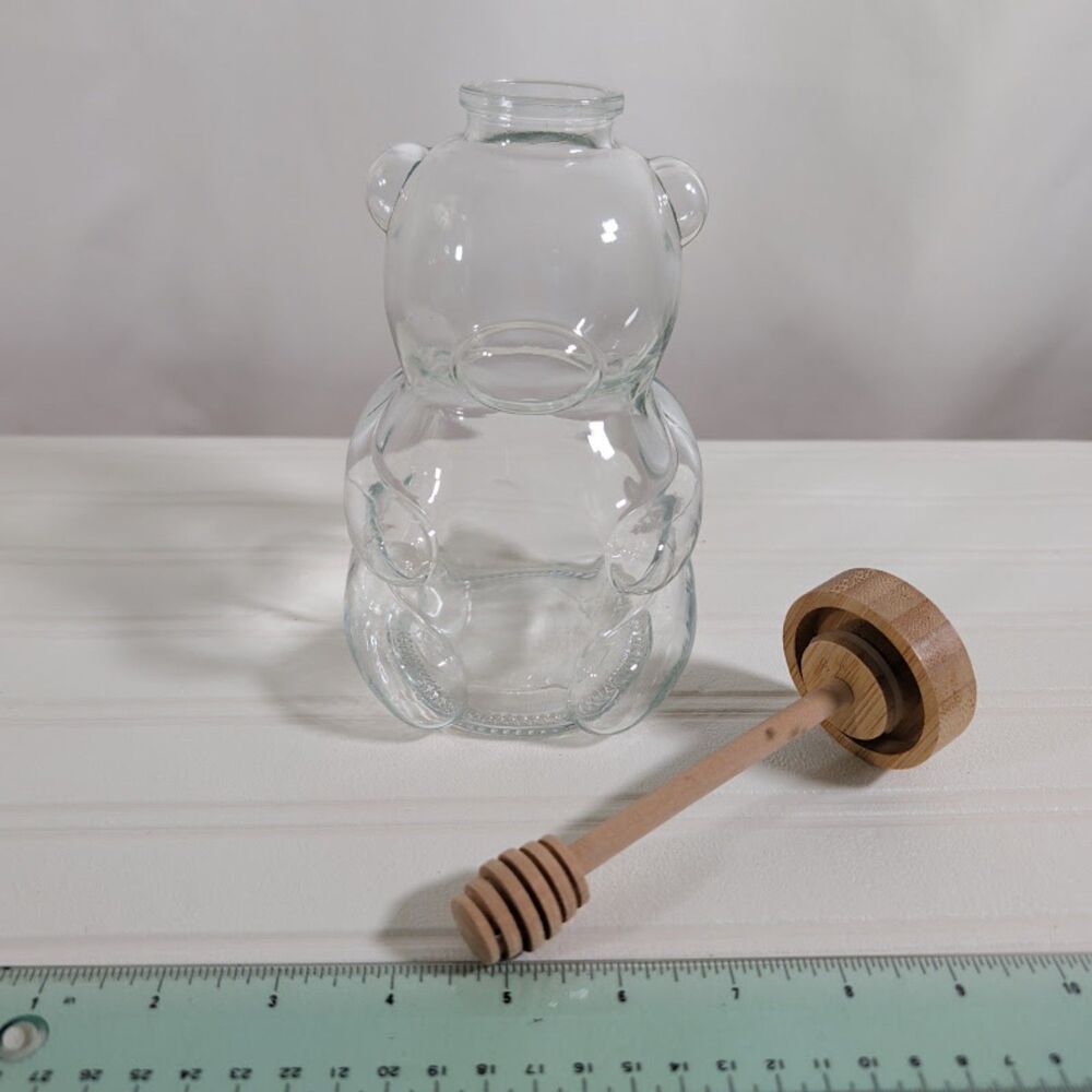 Glass Bear Honey Jar Pot Wooden Lid Dipper Beehive Style Kitchen Decor